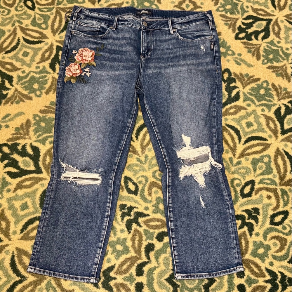 Women's Silver Mazy Slim Crop Embroidered Distressed Stretch Jeans 18 42x25